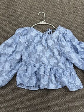 Free People Light Blue Embroidered Peplum Blouse